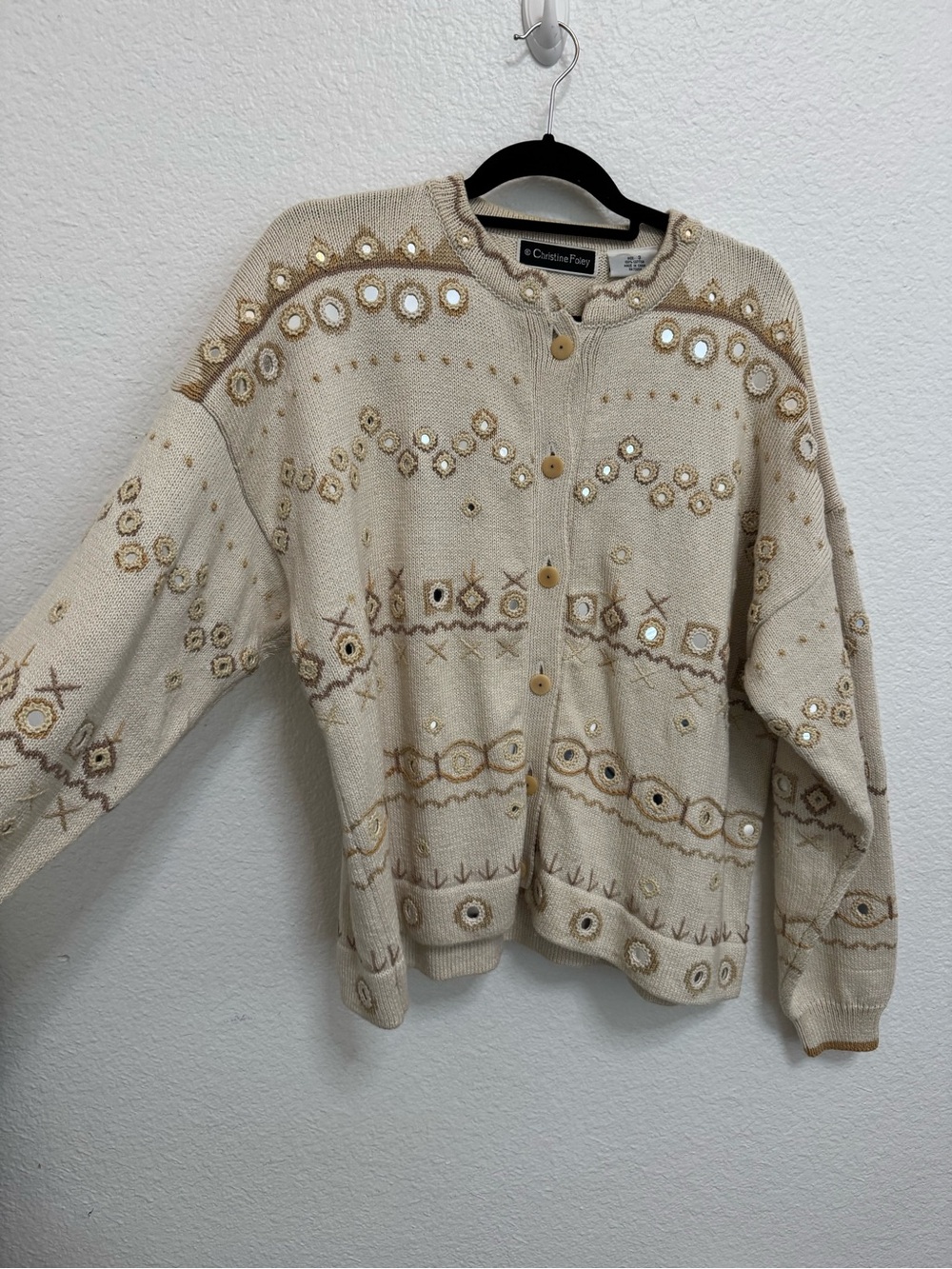Cream mirror Embellished Button-Up Sweater